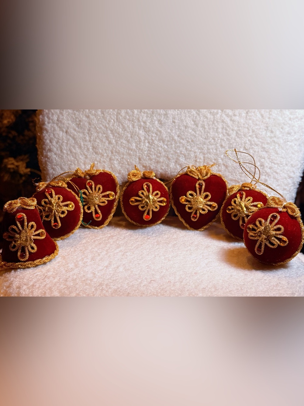 Vintage Burgundy Velvet Heart Bell Round Christmas 6 Ornaments with Gold Trim